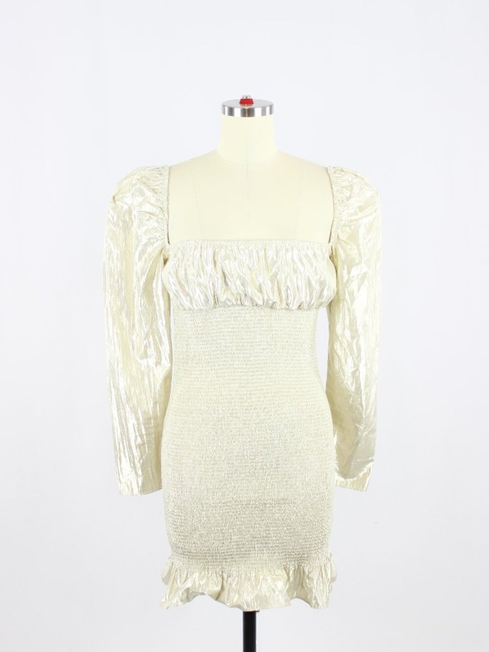 NWOT Aritzia WILFRED Ballad Silver Lamé Smocked Long Sleeve Mini Dress, Size S
